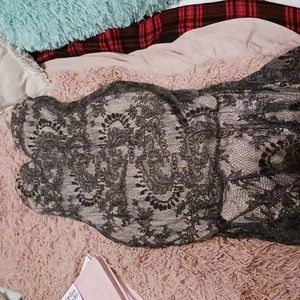 Cameo long black lace overlay strapless dress